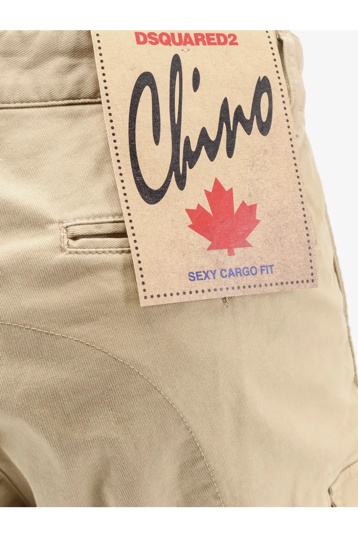 Beige dsquared2 men’s sexy cargo cotton trousers with distressed label featuring logo chino script and red maple leaf