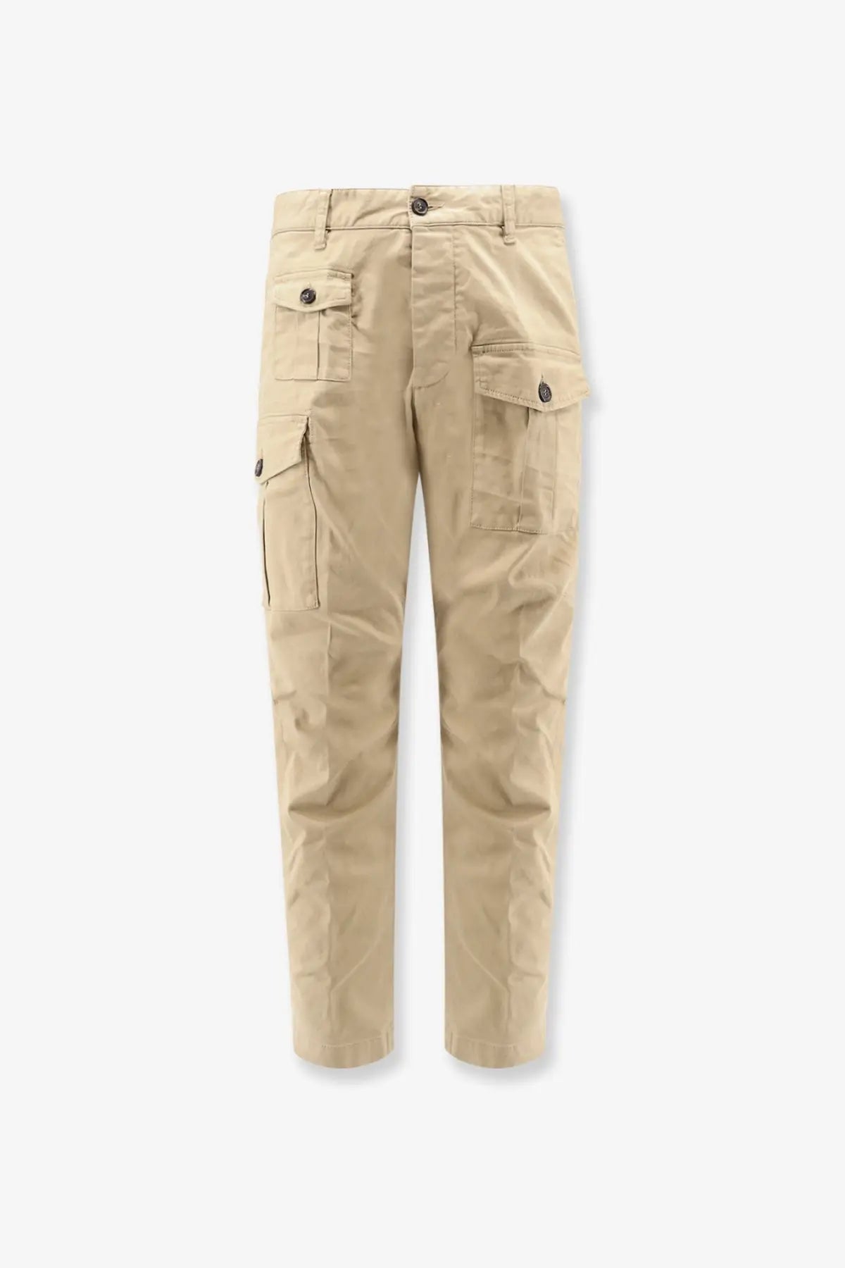 Beige Dsquared2 men’s sexy cargo cotton trousers with multiple pockets and button closures