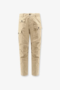 Beige Dsquared2 men’s sexy cargo cotton trousers with multiple pockets and button closures