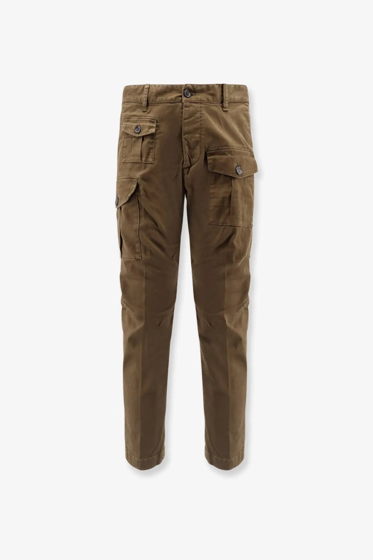 Dsquared2 men’s sexy green cargo cotton trousers featuring khaki color multiple pockets and button closure