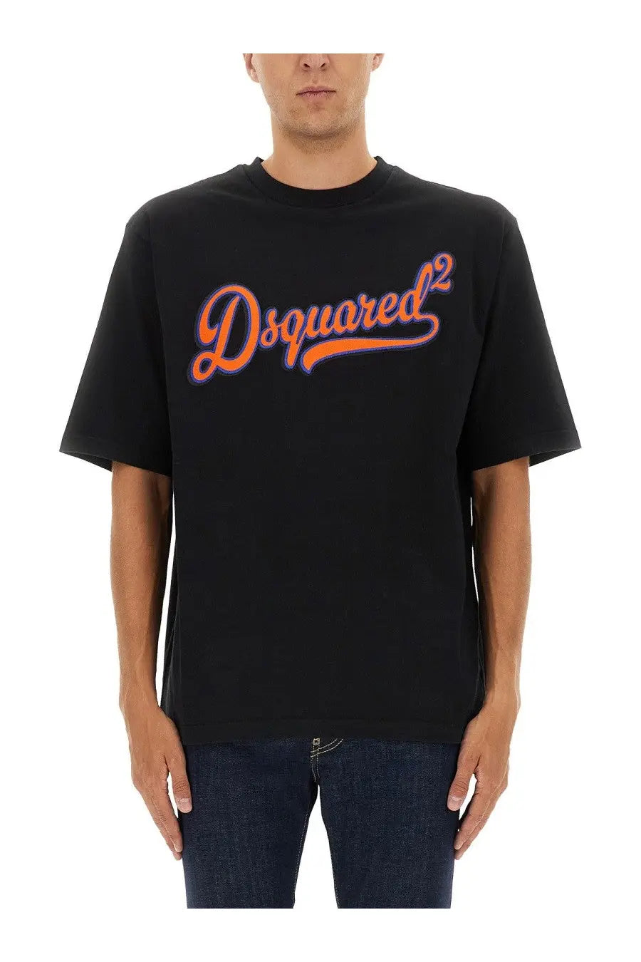 Dsquared2 men’s black t-shirt with orange and blue cursive logo front, casual cotton shirt