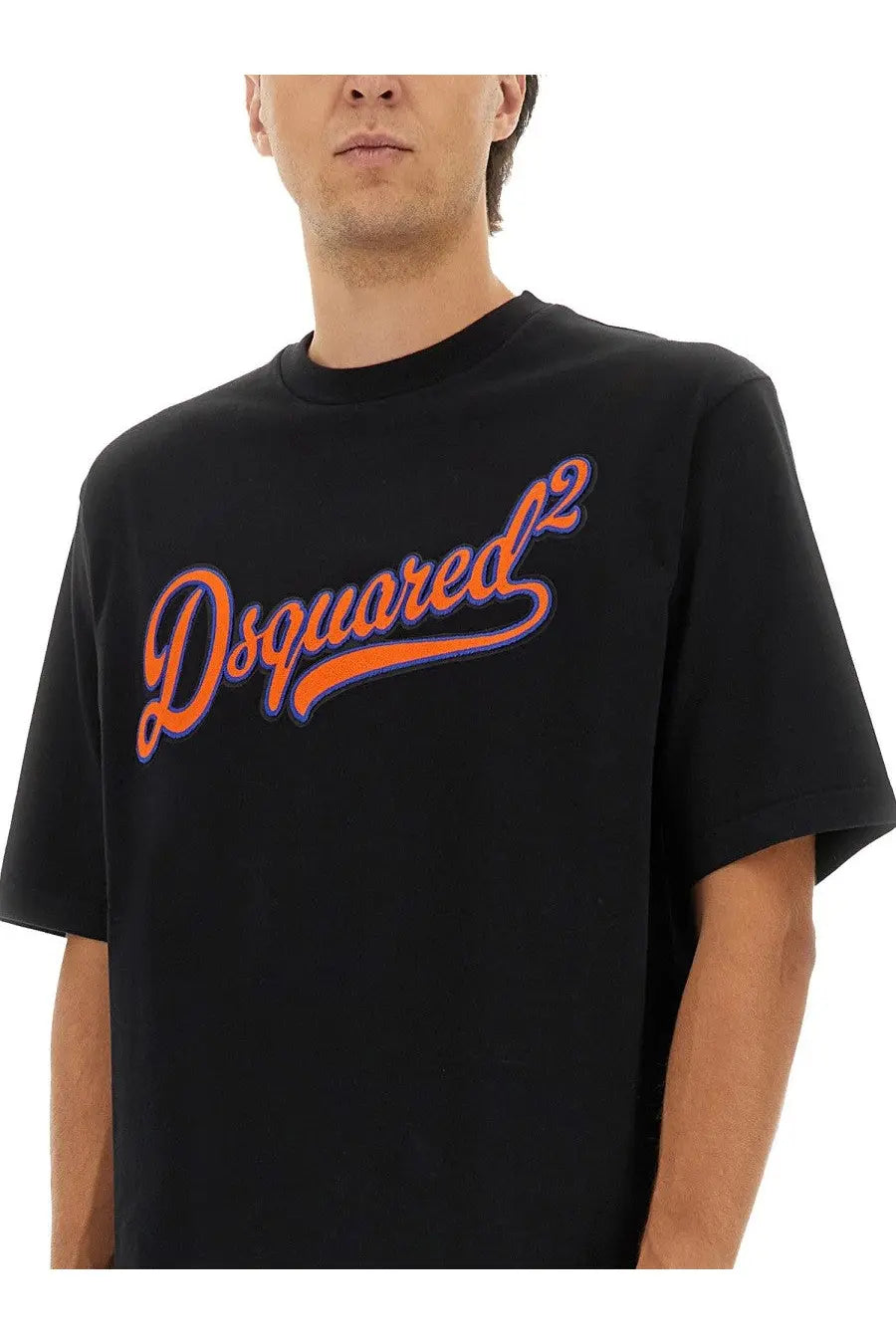Dsquared2 men’s black t-shirt with bold orange and purple cursive logo across the chest in soft cotton fabric