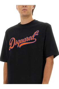 Dsquared2 men’s black t-shirt with bold orange and purple cursive logo across the chest in soft cotton fabric