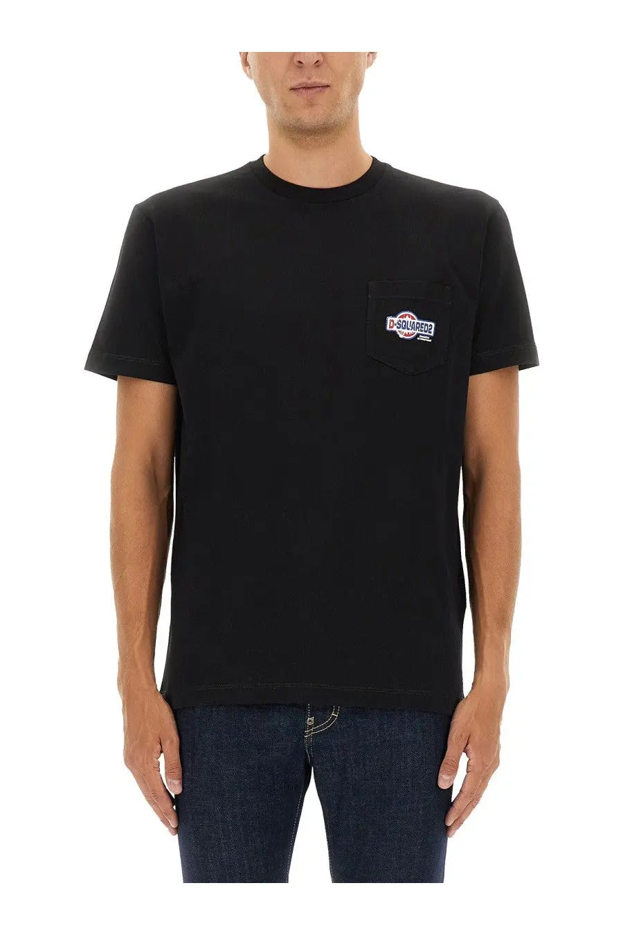 Dsquared2 men’s black t-shirt featuring a small embroidered logo on the left chest pocket for casual wear