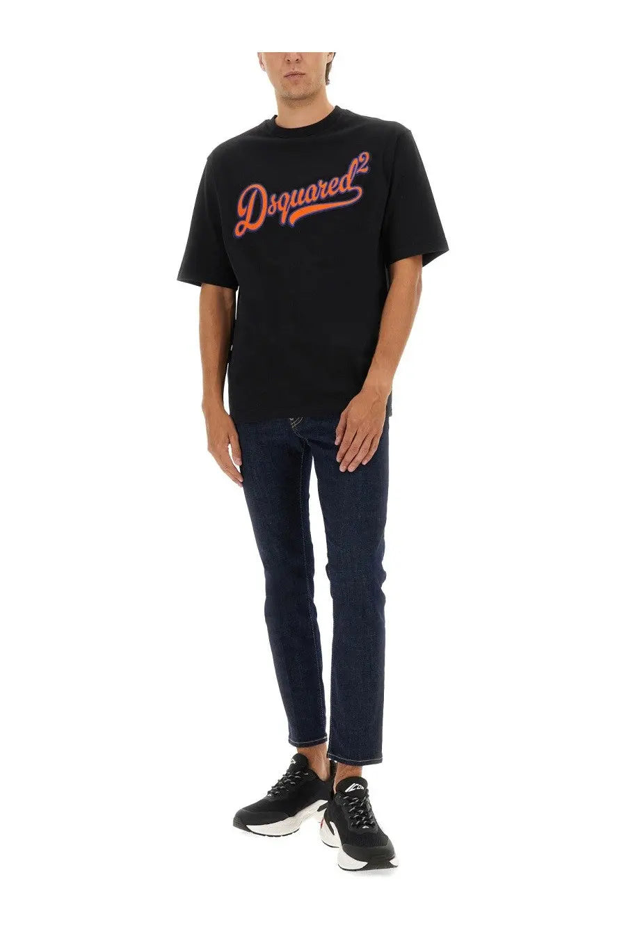 Dsquared2 men’s black t-shirt featuring an orange and pink cursive logo on the front