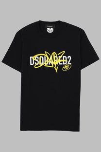 Dsquared2 men’s black t-shirt with bold yellow and white graphic print across the chest for casual wear