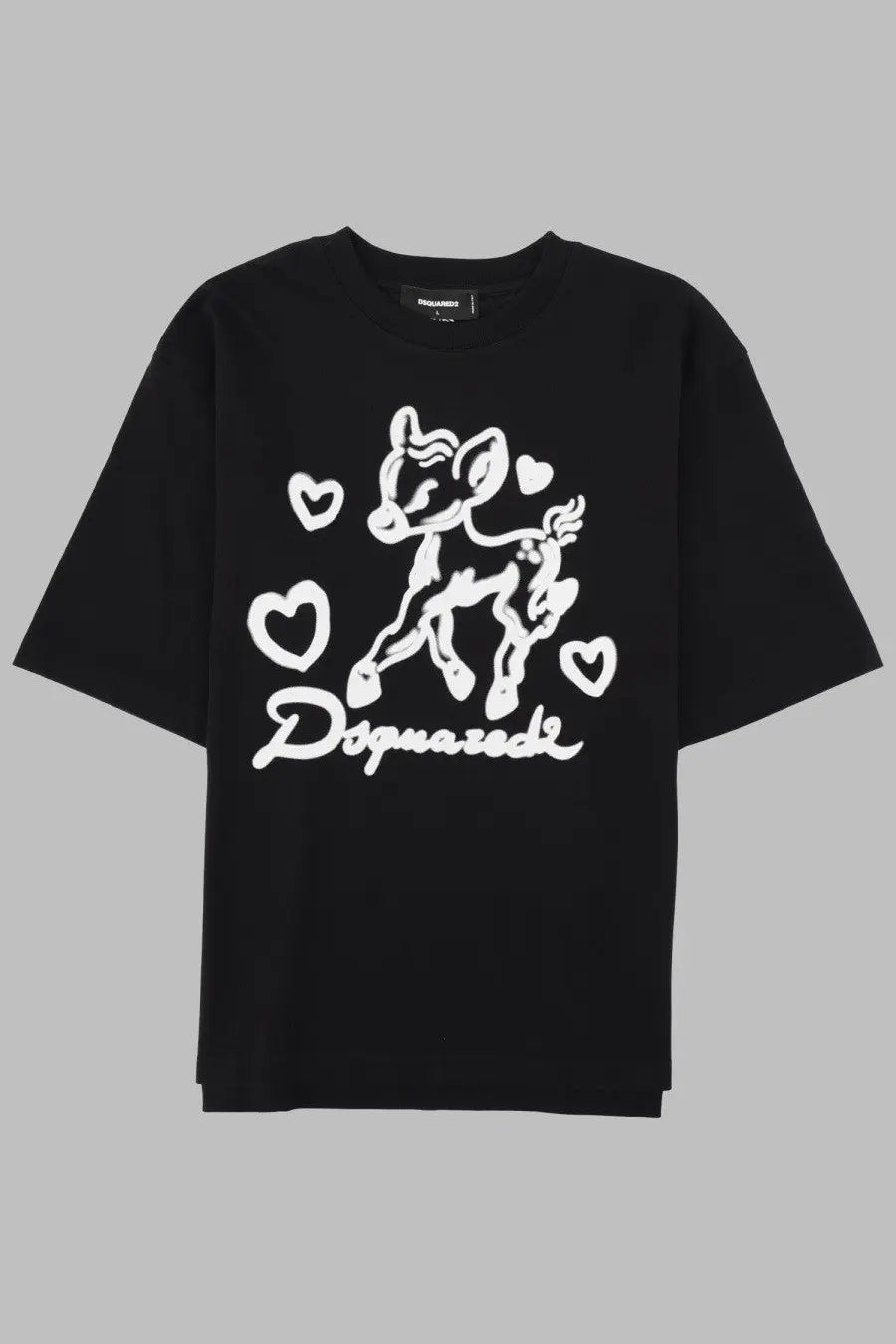 Black dsquared2 men’s t shirt with white dancing deer graphic hearts and signature script logo front design