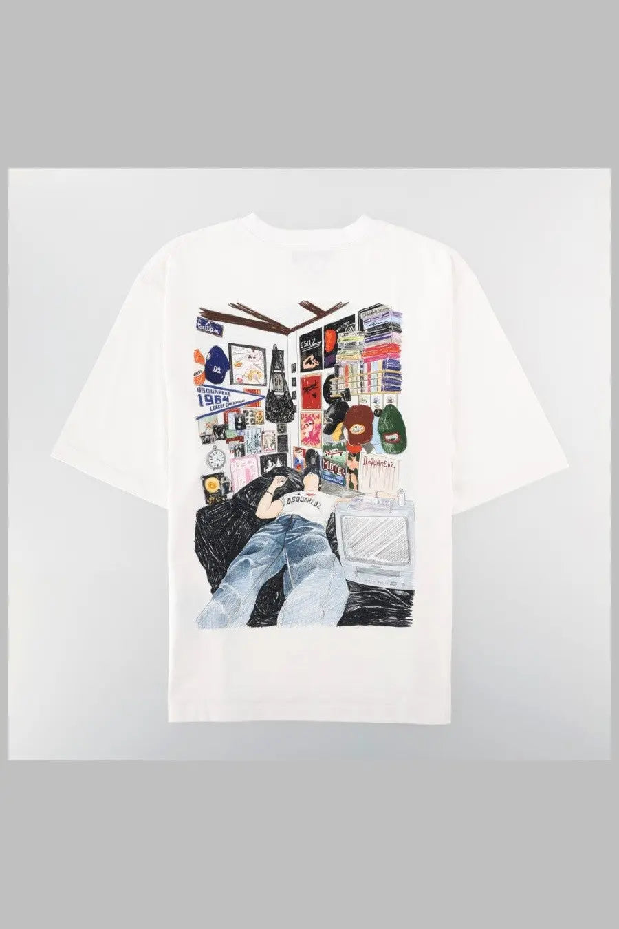 Dsquared2 men’s white oversized t shirt with colorful illustration of person lounging in cluttered room of books and memorabilia