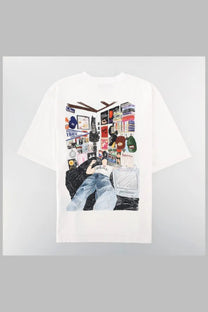 Dsquared2 men’s white oversized t shirt with colorful illustration of person lounging in cluttered room of books and memorabilia