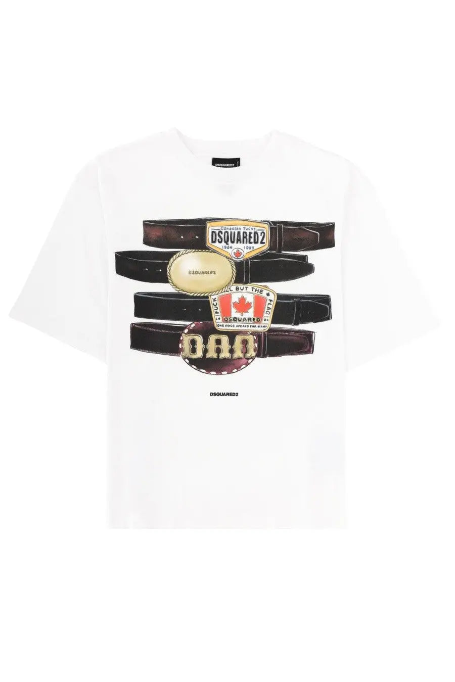 Dsquared2 men’s white t-shirt featuring bold graphic of stacked belts with black brown and gold buckles