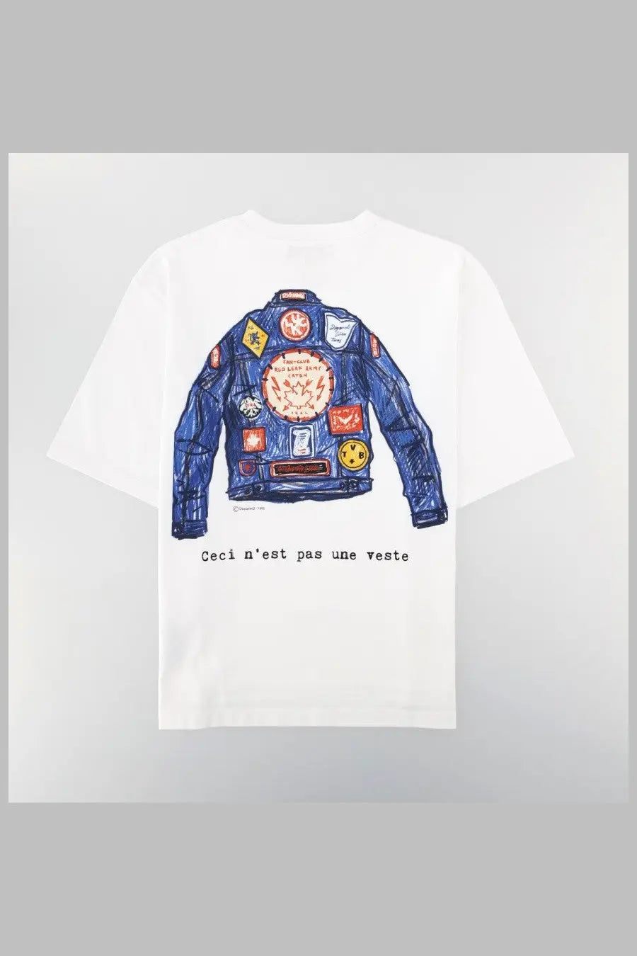 Dsquared2 men’s white t-shirt with hand-drawn blue motorcycle jacket illustration and french text print on front