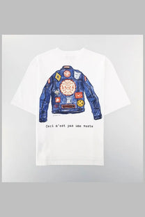 Dsquared2 men’s white t-shirt with hand-drawn blue motorcycle jacket illustration and french text print on front