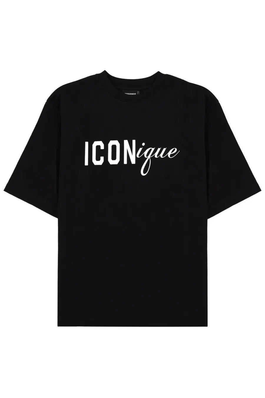 Dsquared2 men’s black oversized t-shirt with bold white iconique logo in block and cursive script on chest