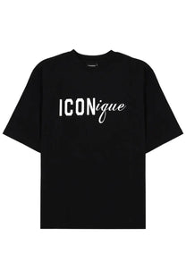 Dsquared2 men’s black oversized t-shirt with bold white iconique logo in block and cursive script on chest