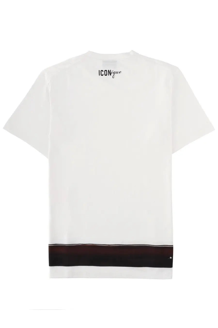 Dsquared2 men shirt iconique white cotton t-shirt with black logo at neckline and dark maroon black striped hem