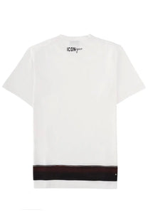 Dsquared2 men shirt iconique white cotton t-shirt with black logo at neckline and dark maroon black striped hem