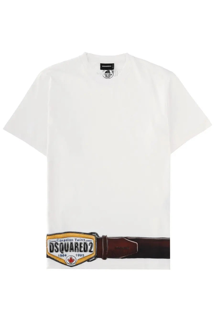 Dsquared2 men’s white t-shirt featuring a printed belt buckle with canadian twin 1984 1995 text and red maple leaf details