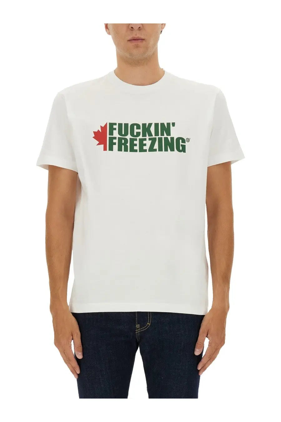 Dsquared2 men’s white cotton t-shirt with bold green fuckin freezing graphic and red maple leaf on front