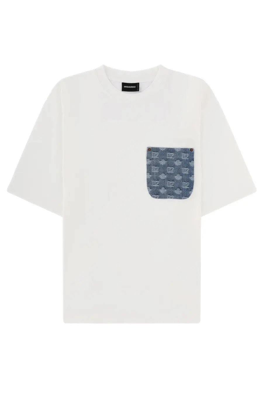 Dsquared2 men’s white cotton t-shirt with a denim patch pocket featuring a repeating logo pattern