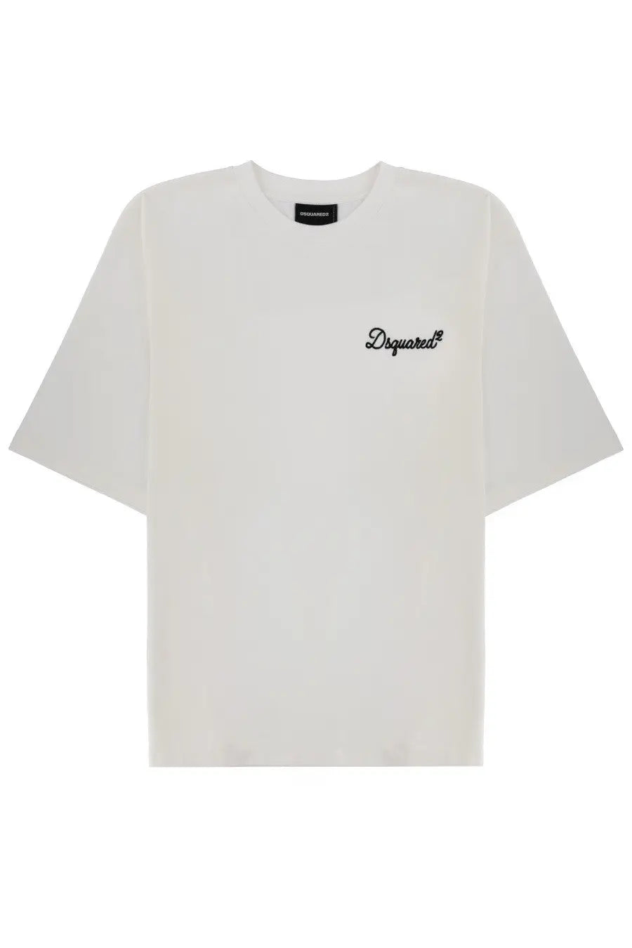 Dsquared2 men’s white oversized t-shirt with black embroidered logo on chest in off-white cotton material