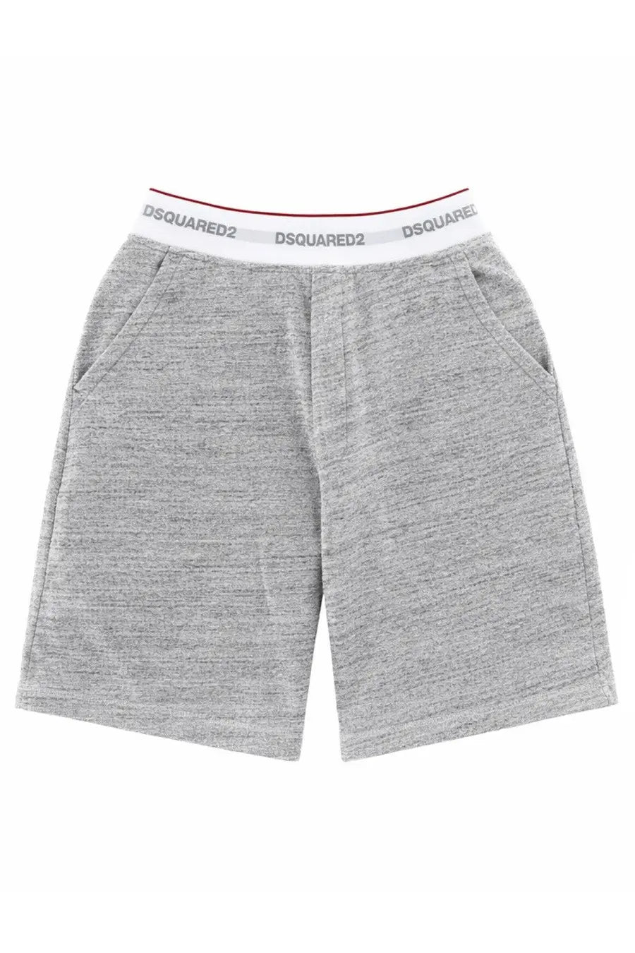 Dsquared2 men’s oversized gray heathered cotton shorts with white elastic waistband featuring black logo and red trim