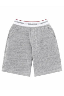 Dsquared2 men’s oversized gray heathered cotton shorts with white elastic waistband featuring black logo and red trim