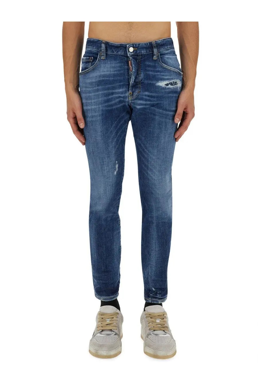 Dsquared2 men’s slim fit blue distressed denim skater jeans with subtle fading and logo button detail