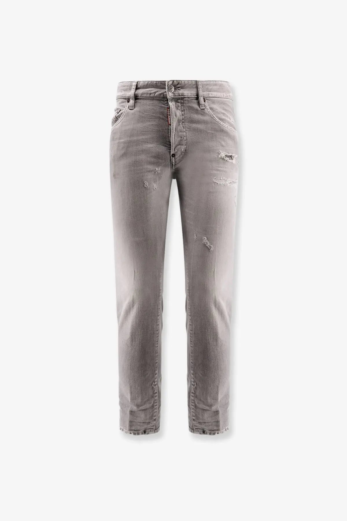 Dsquared2 men’s skater jeans grey in distressed gray denim with faded wash and subtle frayed details front view