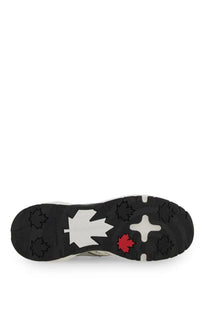 Black rubber sole with white and red maple leaf designs on dsquared2 men’s sneaker dash white back side