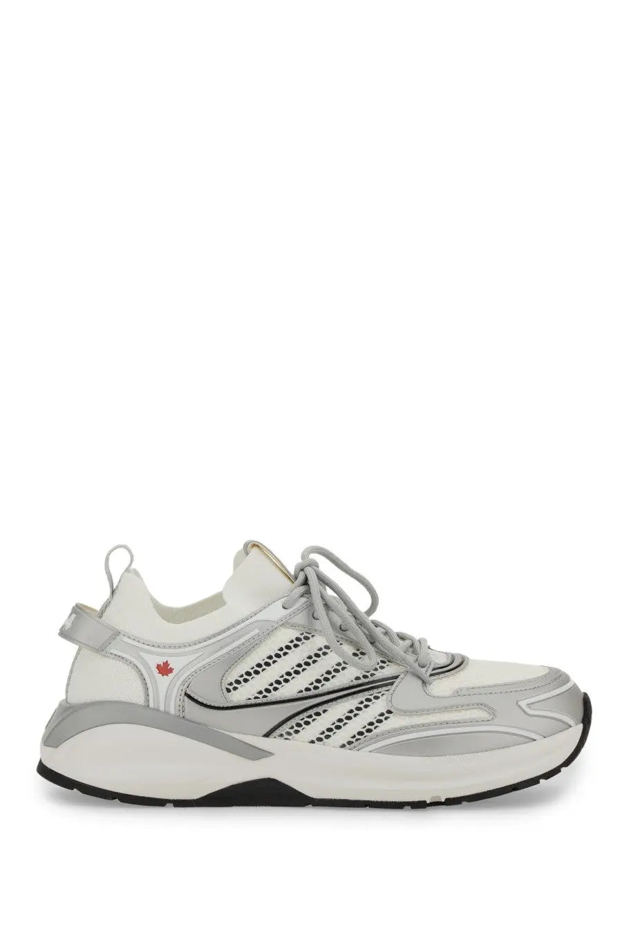 Dsquared2 men’s sneaker dash white athletic sneaker with perforated mesh panels chunky sole and red maple leaf logo
