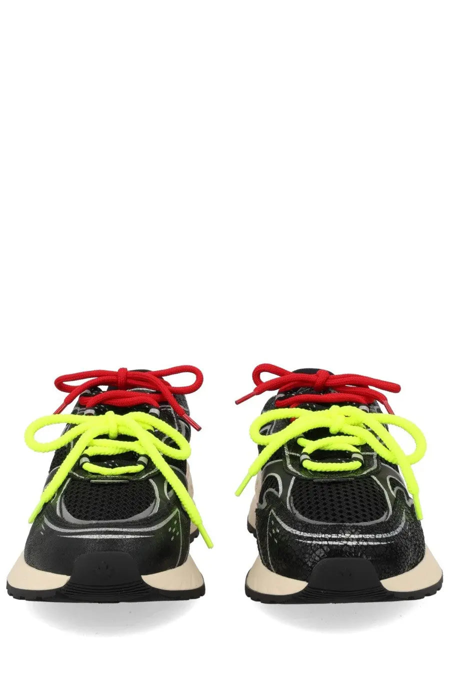 Dsquared2 men’s sneaker sprinter black with neon yellow laces red accents textured upper and white soles