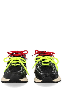 Dsquared2 men’s sneaker sprinter black with neon yellow laces red accents textured upper and white soles