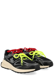 Dsquared2 men’s sneaker sprinter black with mesh upper neon yellow and red laces and silver leaf logo on the side