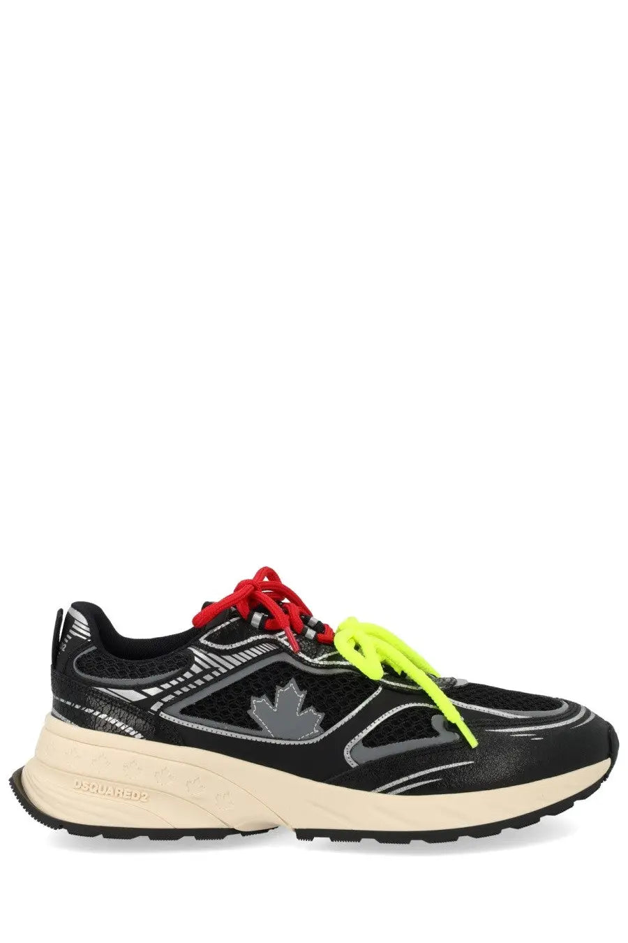 Dsquared2 men’s sneaker sprinter black features a gray maple leaf logo red and neon yellow laces cream-colored sole