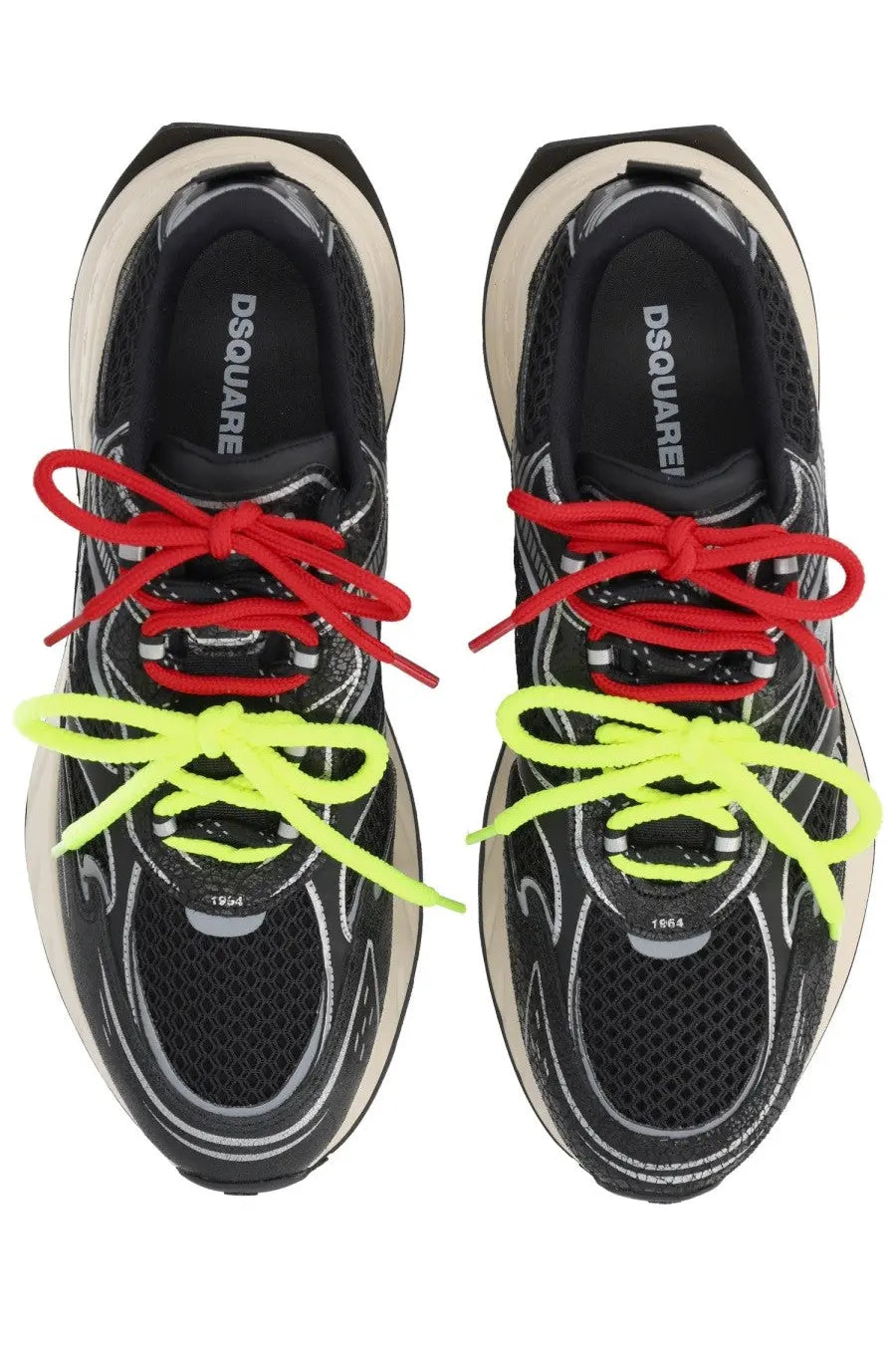 Dsquared2 men’s sneaker sprinter black with mesh upper, contrasting red and neon yellow laces, and chunky white midsole