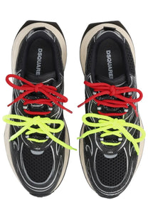 Dsquared2 men’s sneaker sprinter black with mesh upper, contrasting red and neon yellow laces, and chunky white midsole