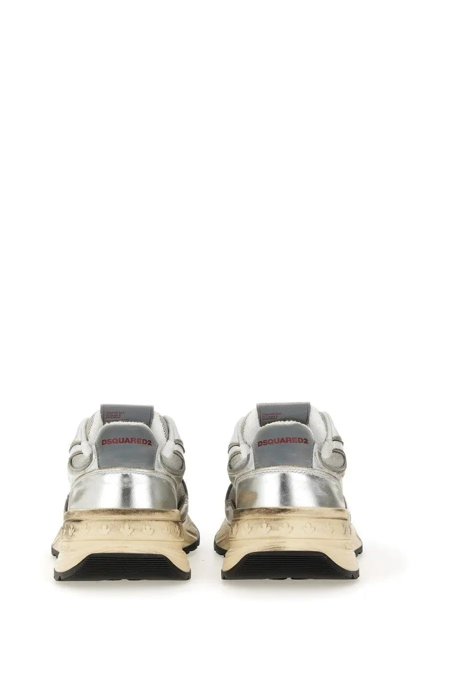 Dsquared2 men’s sneaker sprinter white in silver and beige with metallic heel tab and textured rubber sole back view