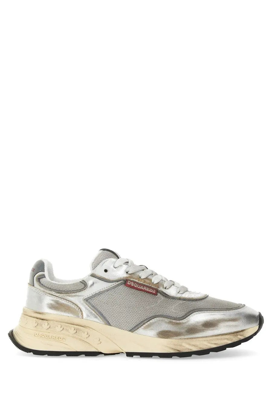 Dsquared2 men’s sneaker sprinter white in silver metallic with mesh and synthetic overlays and cream-colored midsole