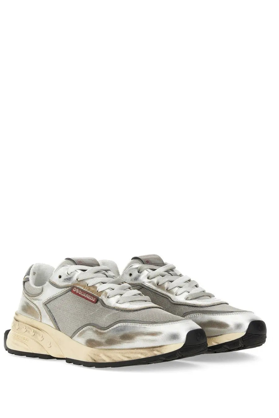 Dsquared2 men’s sneaker sprinter white with silver metallic mesh and leather upper and chunky beige sole