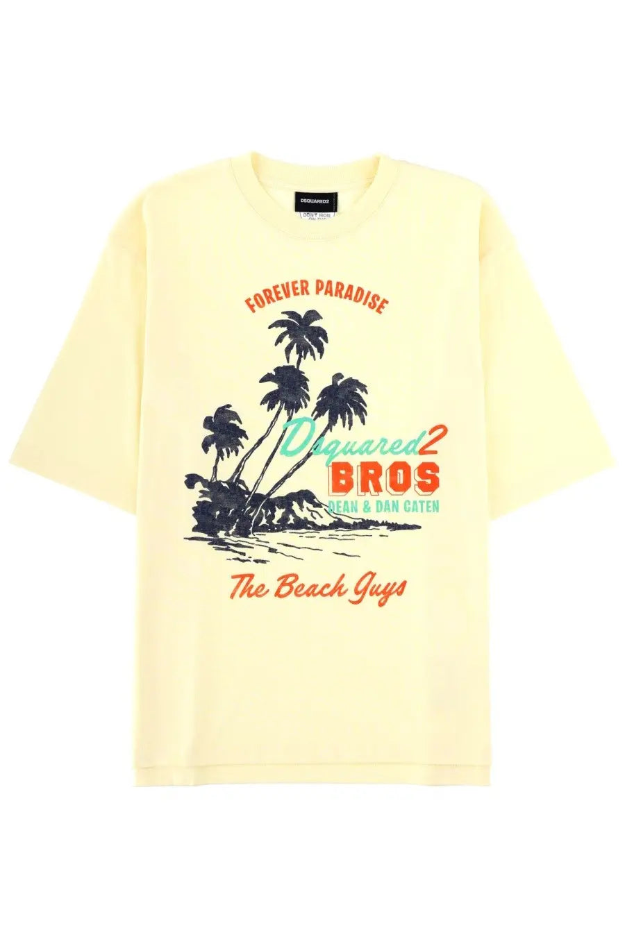Dsquared2 men’s summer vintage yellow short-sleeved t-shirt with tropical beach graphic and bold orange logo lettering