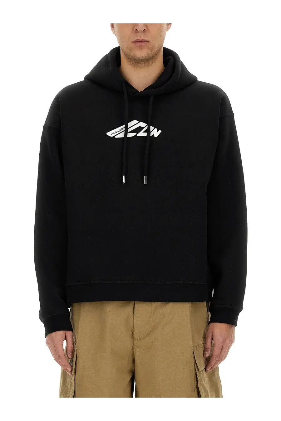 Dsquared2 men’s black hooded sweatshirt with white geometric logo on chest and matching drawstrings