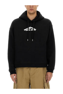 Dsquared2 men’s black hooded sweatshirt with white geometric logo on chest and matching drawstrings