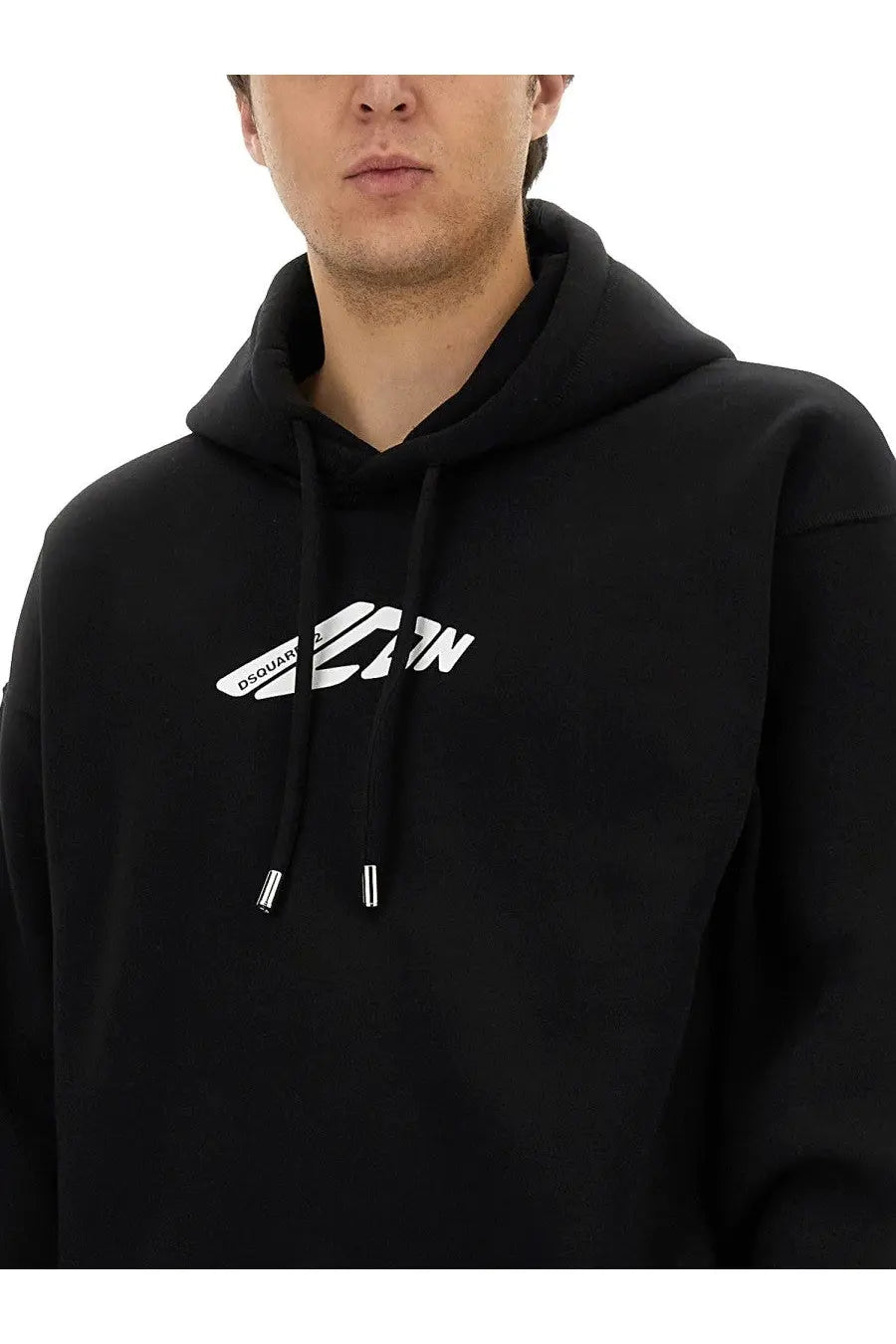 Black Dsquared2 men’s hoodie with white logo and silver-tone drawstring toggles in a cotton blend fabric