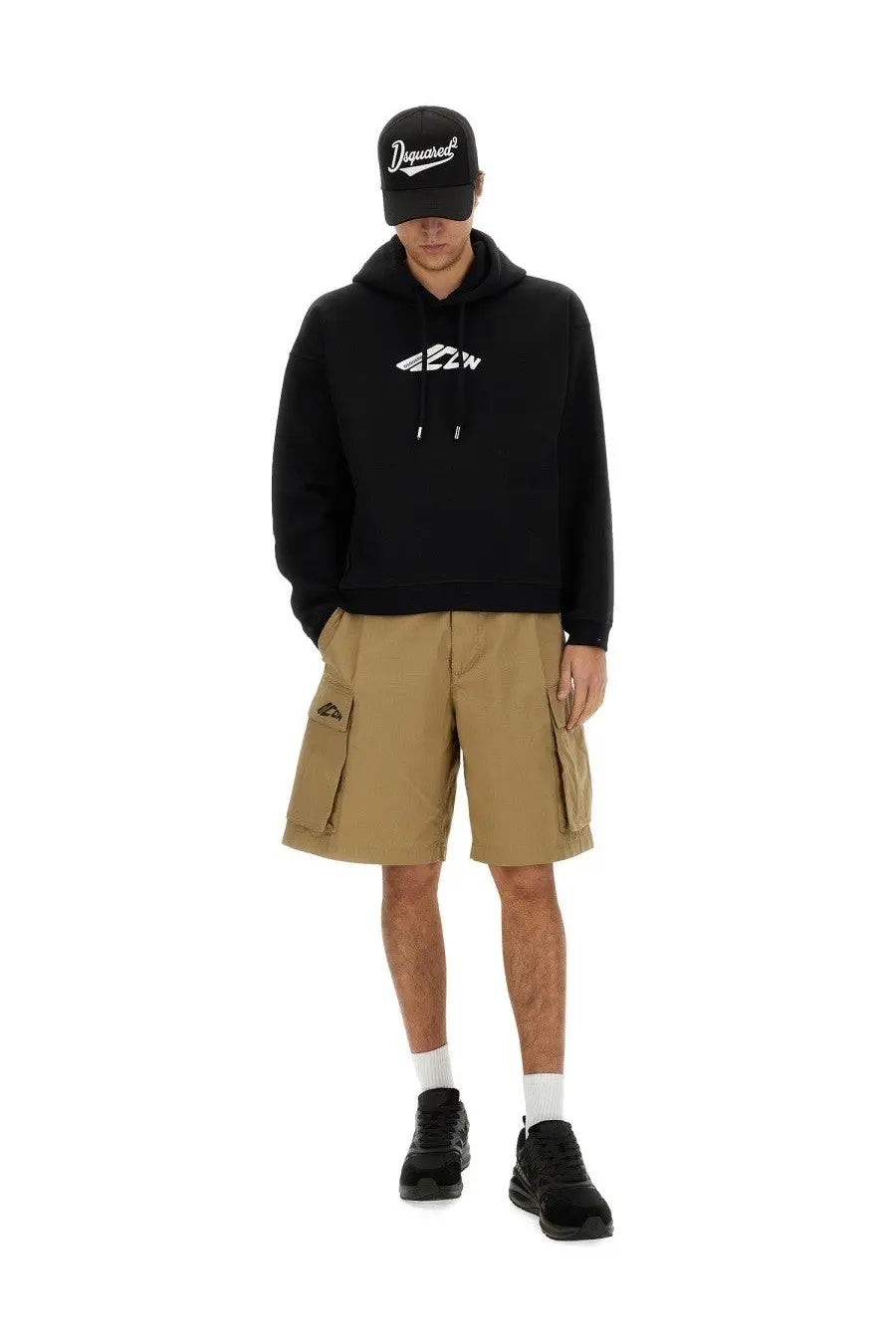 Black dsquared2 men’s hoodie with white logo and drawstrings made from soft cotton fleece for casual wear