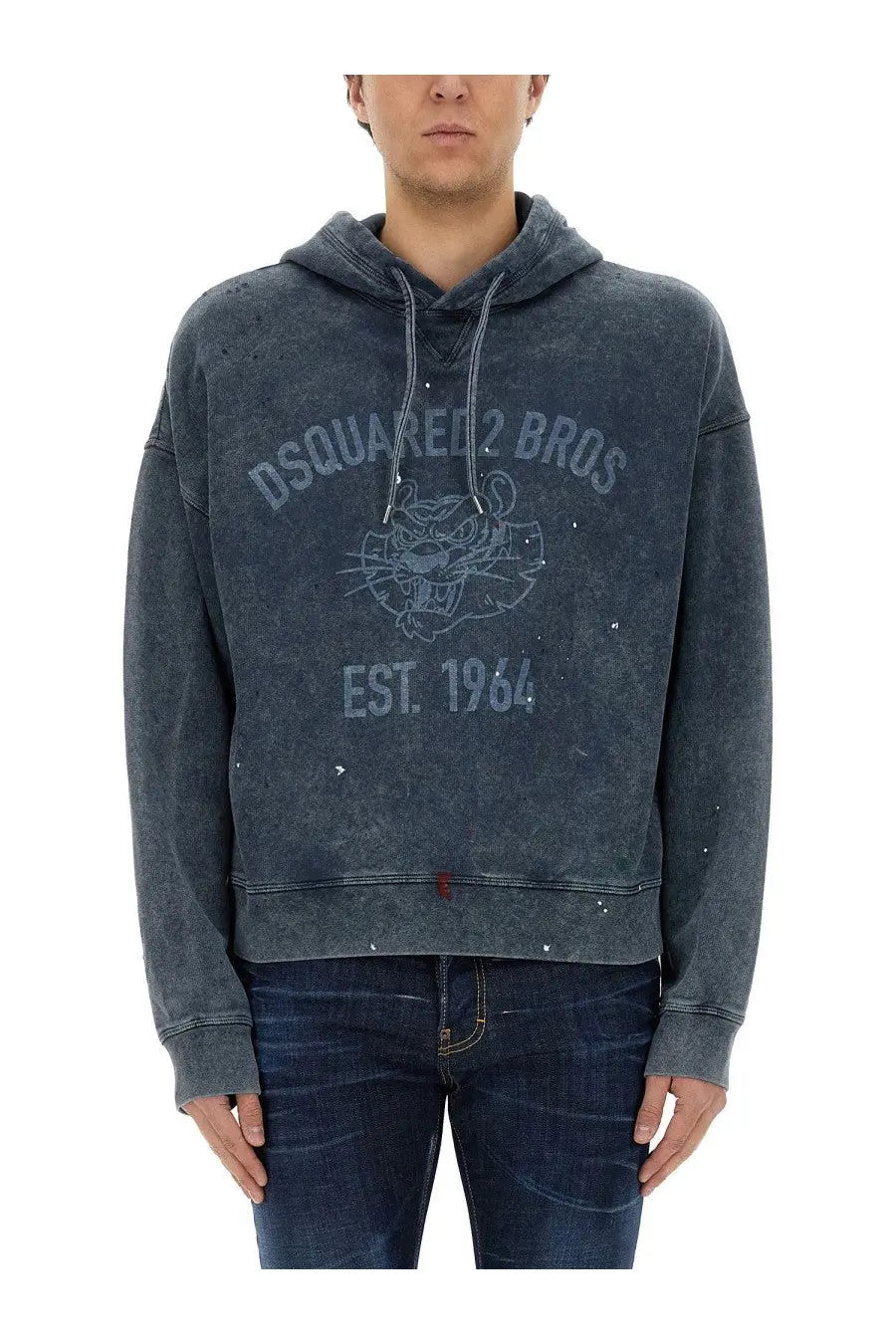 Dark gray distressed Dsquared2 men’s hoodie with faded tiger logo and est design in a blue sweatshirt style