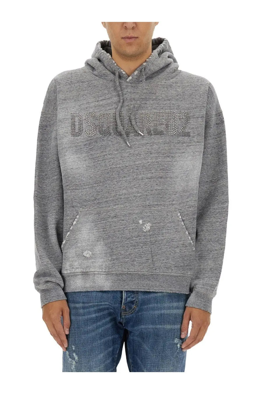 Dsquared2 men’s grey hoodie with rhinestone embellished logo and distressed details in soft fabric