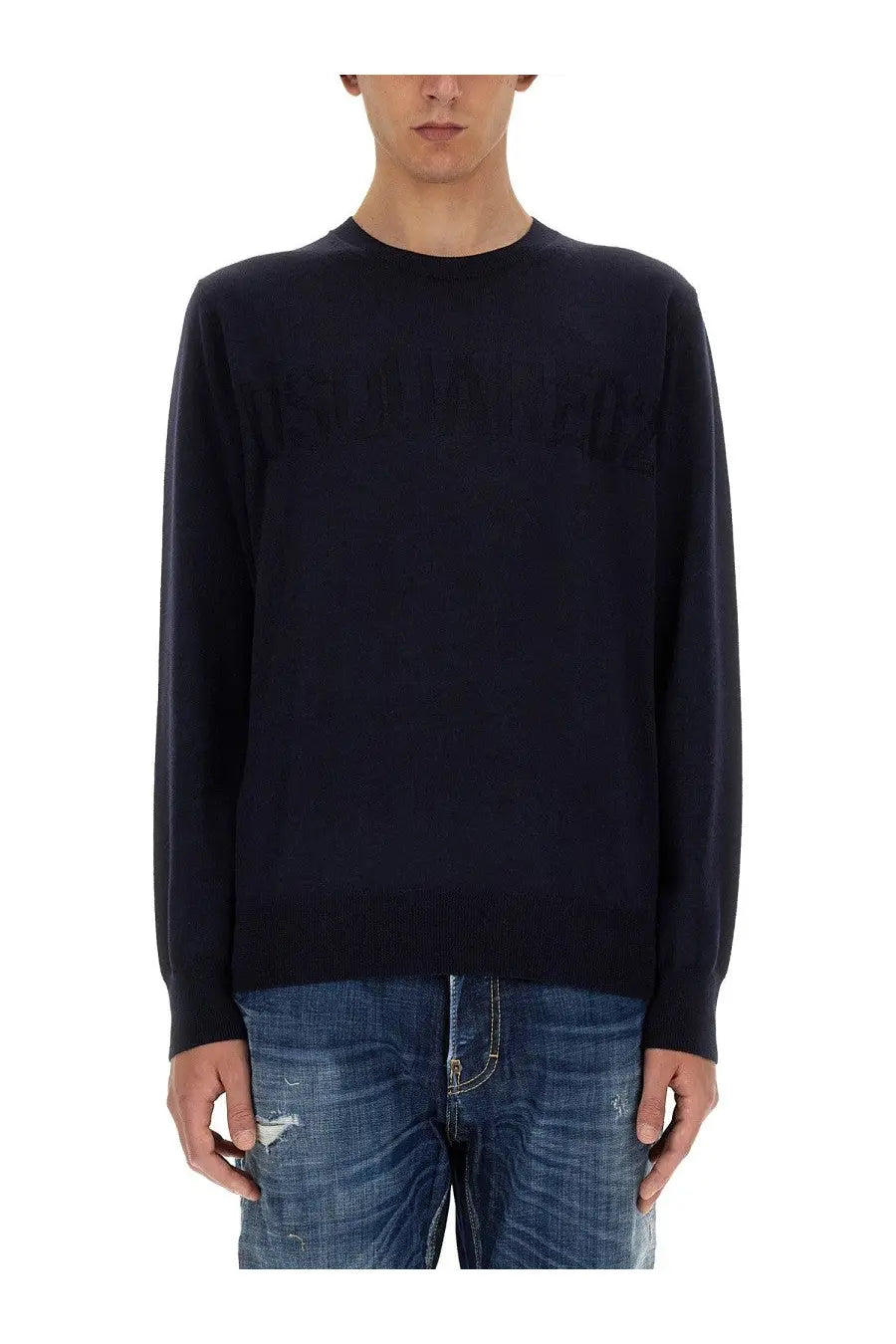 Dark navy dsquared2 men’s wool jersey crewneck sweater with subtle textured logo across the chest