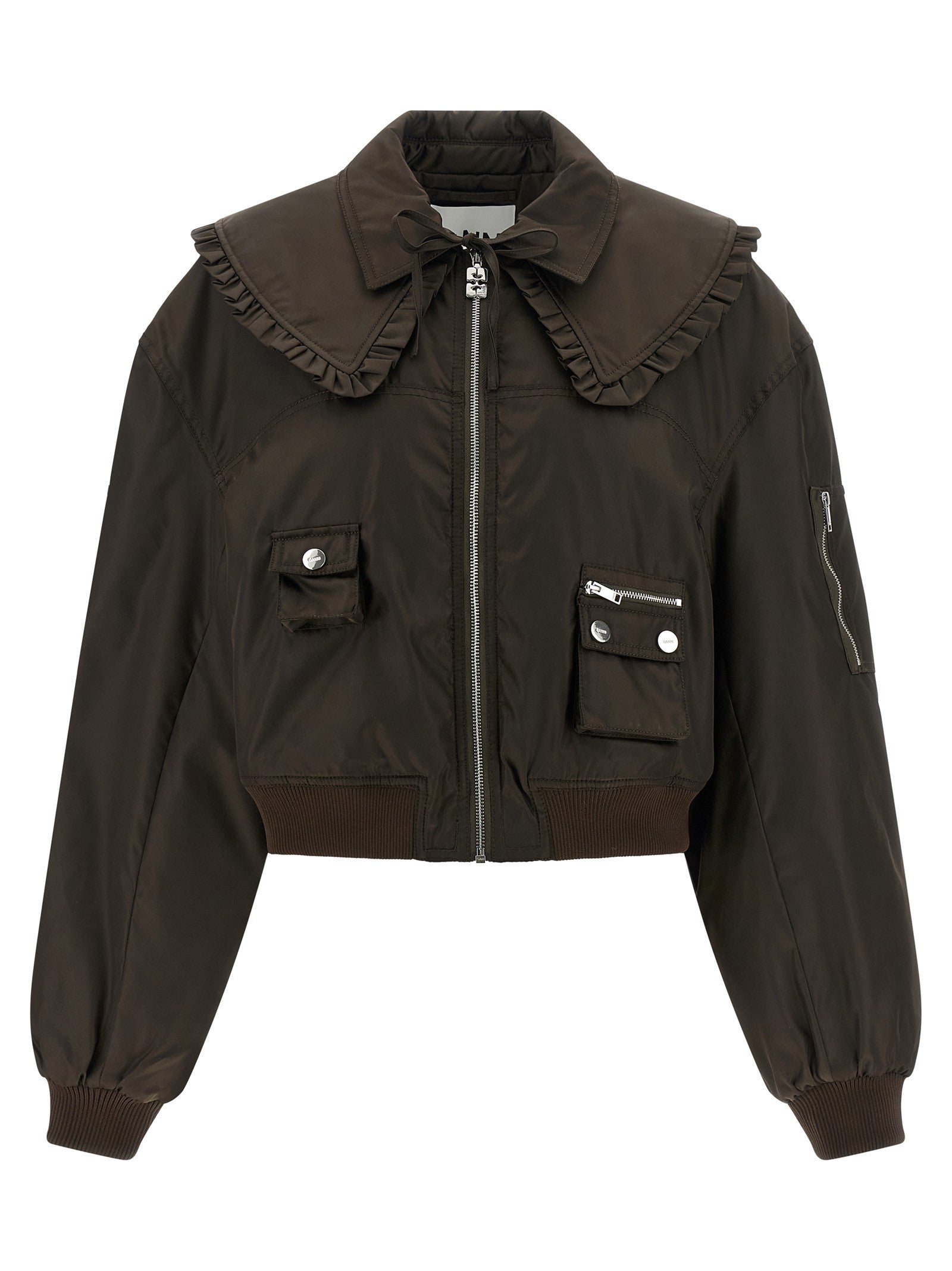 Ganni Duchesse Nylon Bomber Jacket Brown