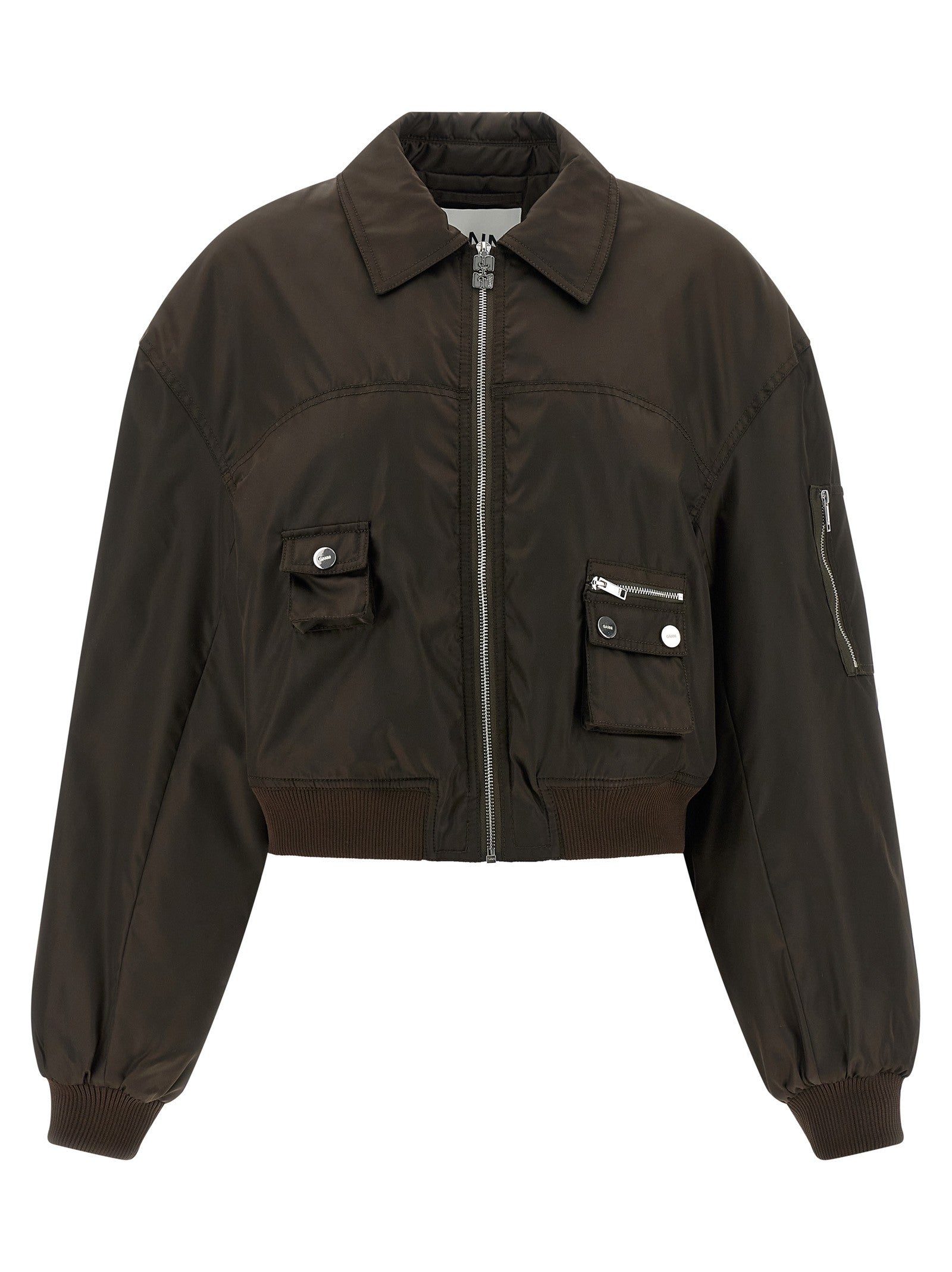 Ganni Duchesse Nylon Bomber Jacket Brown