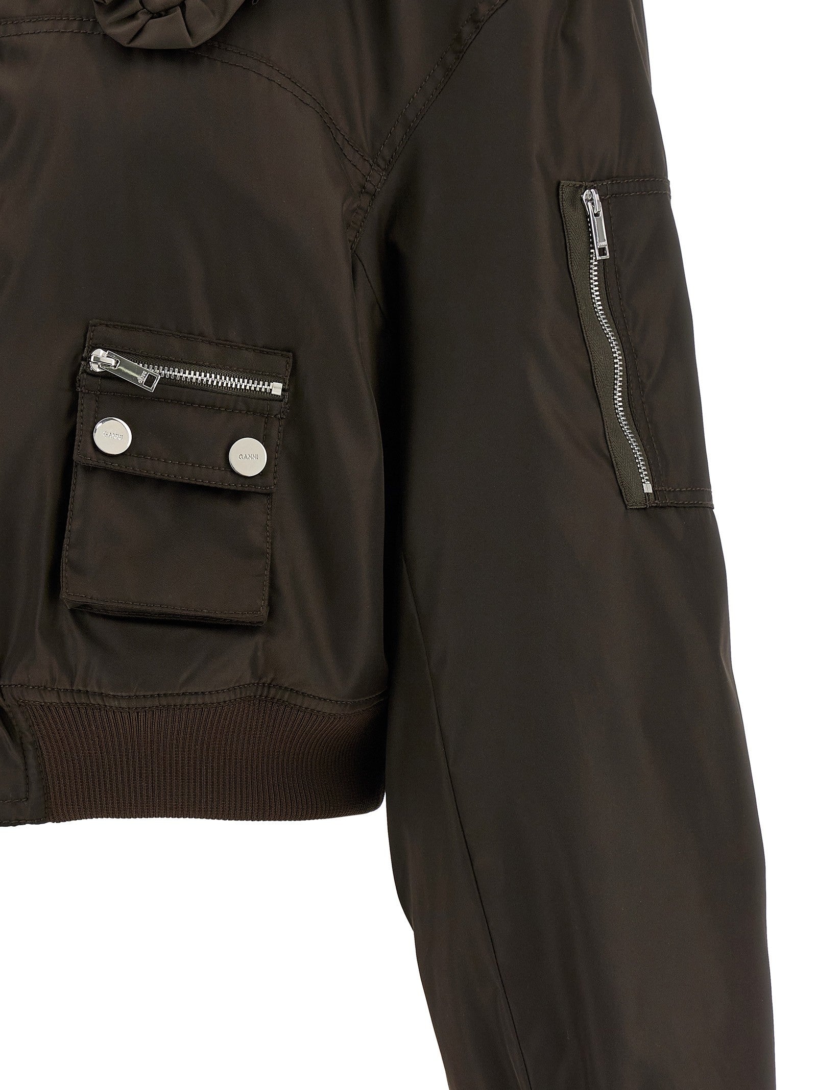 Ganni Duchesse Nylon Bomber Jacket Brown
